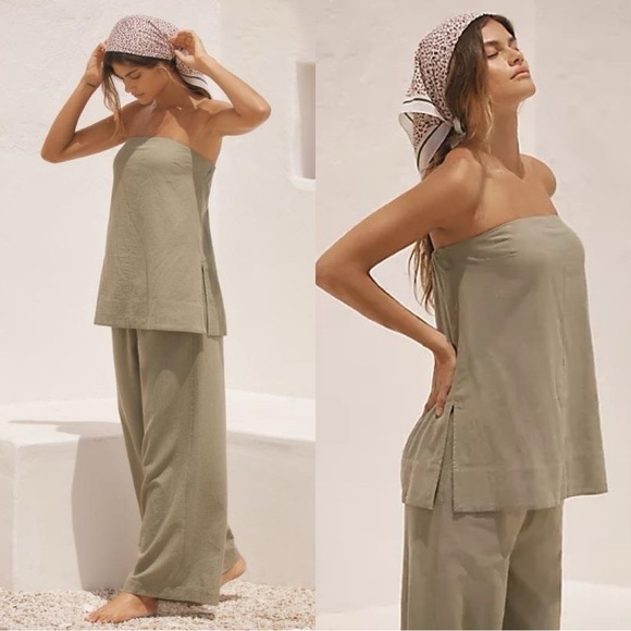 NWT ANTHROPOLOGIE Strapless Linen Sage Green Top Sz M - Picture 1 of 6